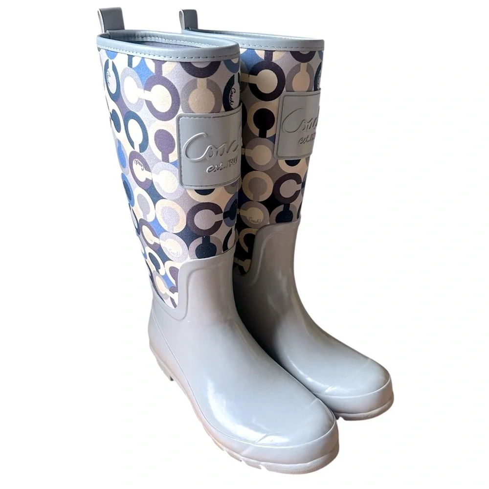 COACH Boots Women’s “Signature C” Tall Rain Boot Gray Blue Cream Pearl Size 7B